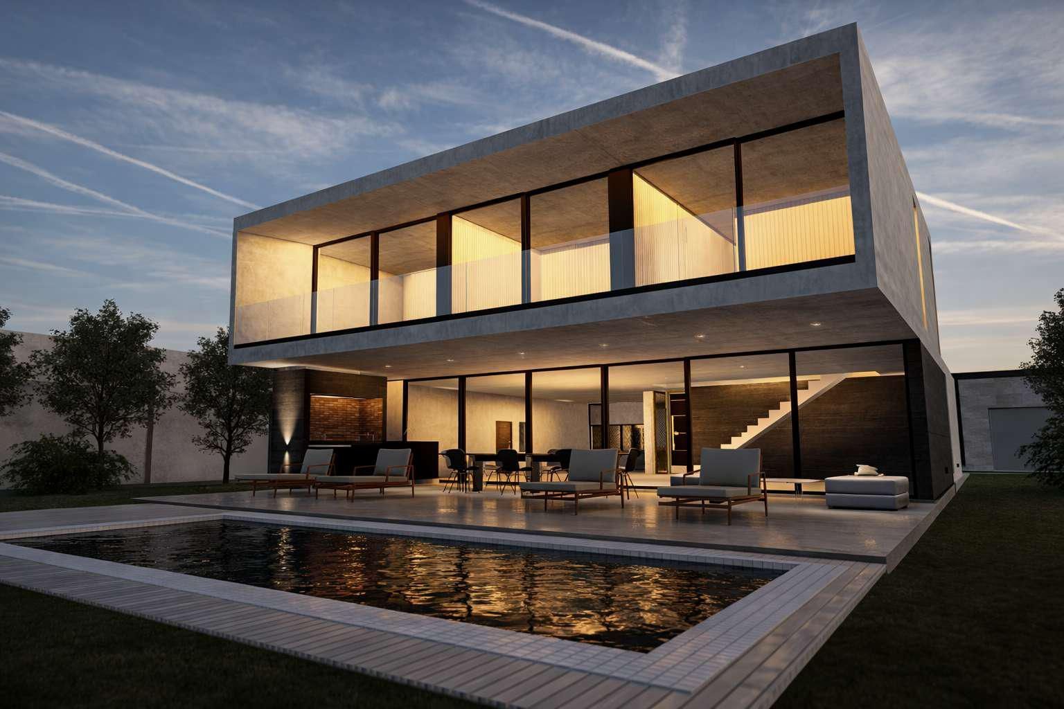 Moderna villa de dos plantas construida en hormigón, con paredes de cristal del suelo al techo