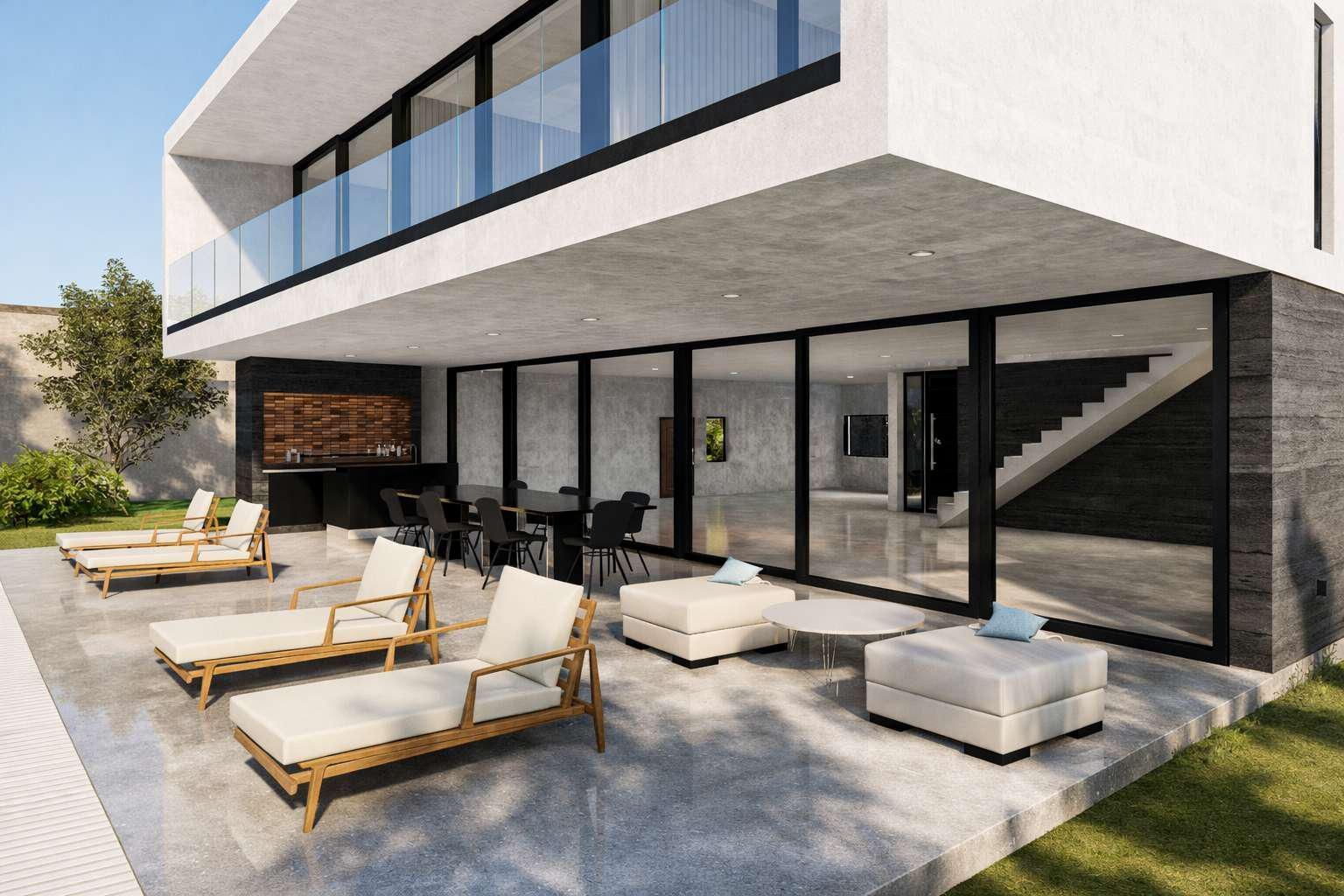 Una moderna casa de dos plantas con un patio que cuenta con tumbonas, comedor al aire libre 