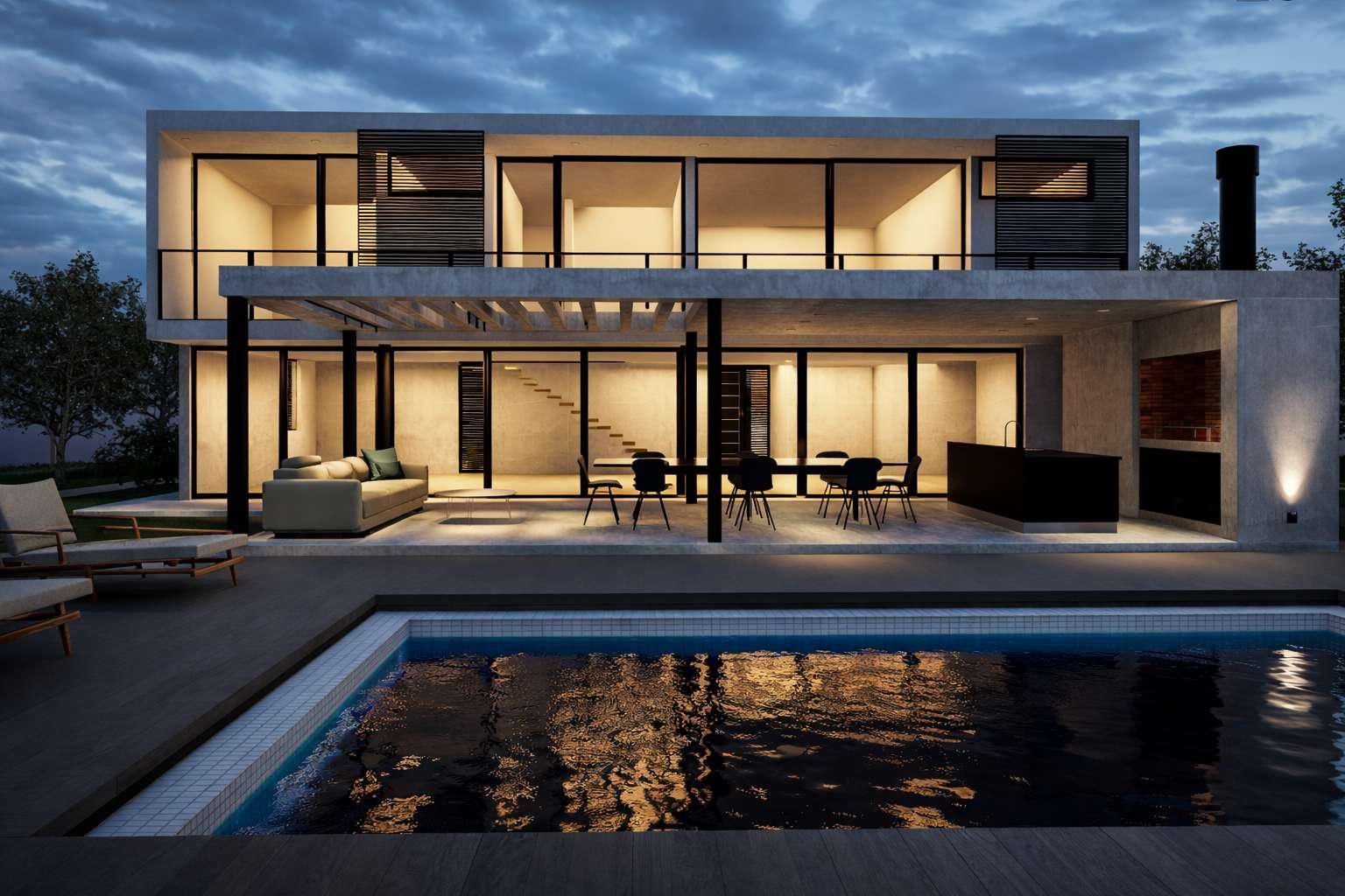 Una moderna casa de dos plantas al anochecer, con grandes paredes de cristal, un interior iluminado, un patio