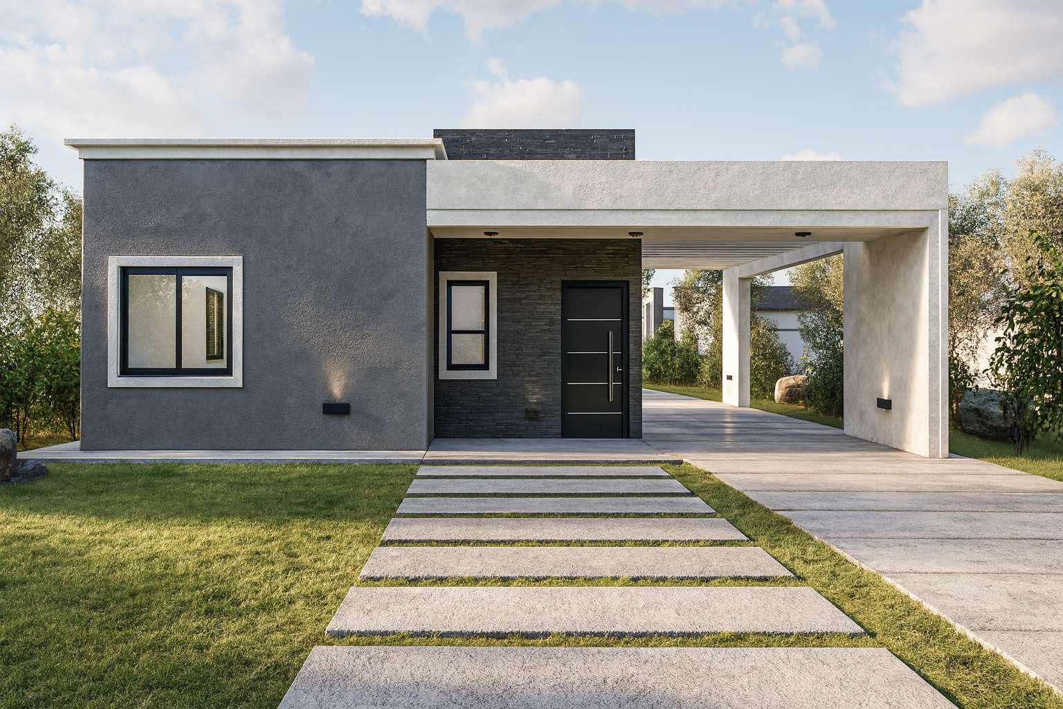 Casa moderna de una sola planta con estuco gris, detalles en piedra oscura y una amplia cochera