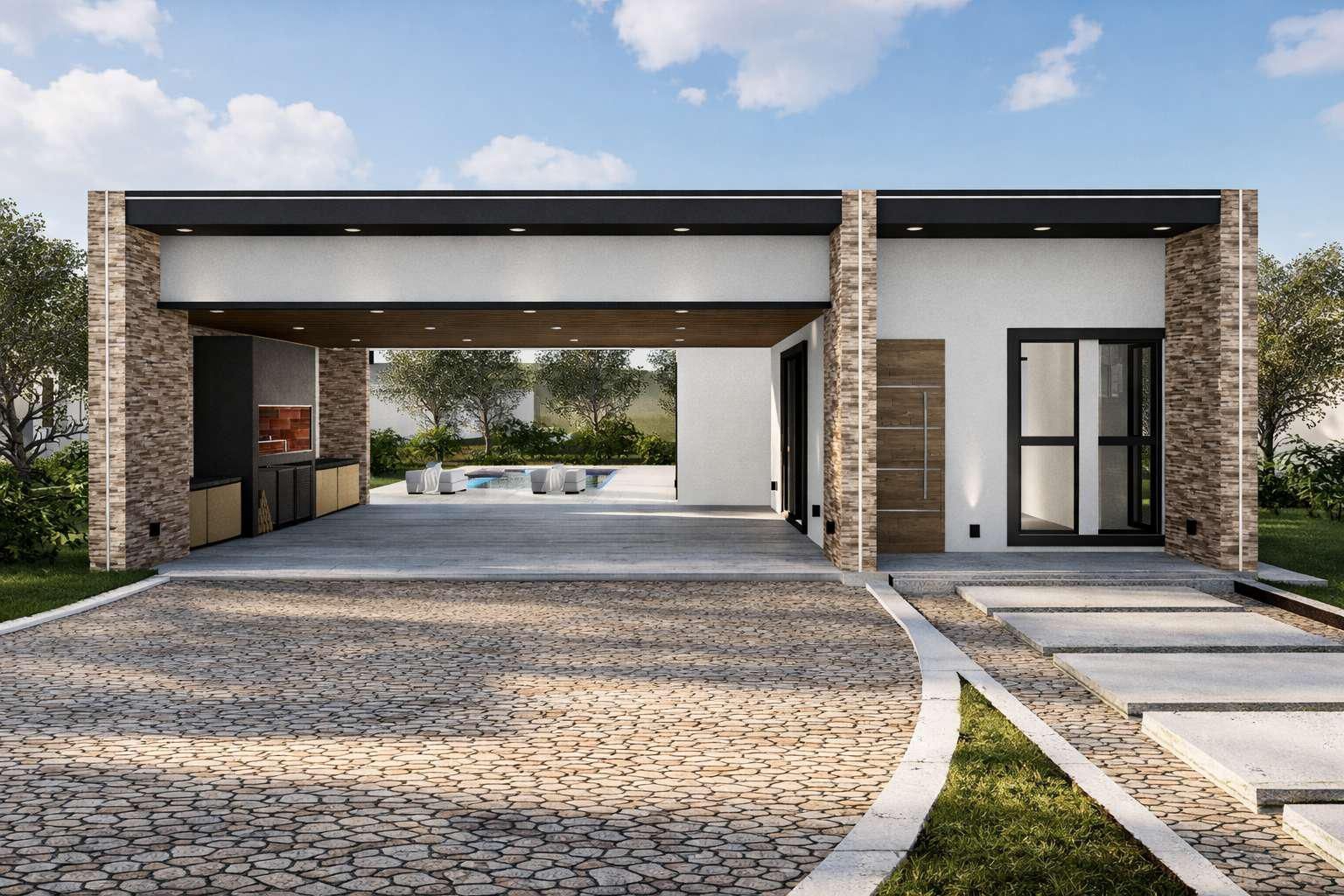 Casa moderna de una sola planta con un amplio garaje al aire libre, pilares de piedra y un patio con vistas a una piscina.