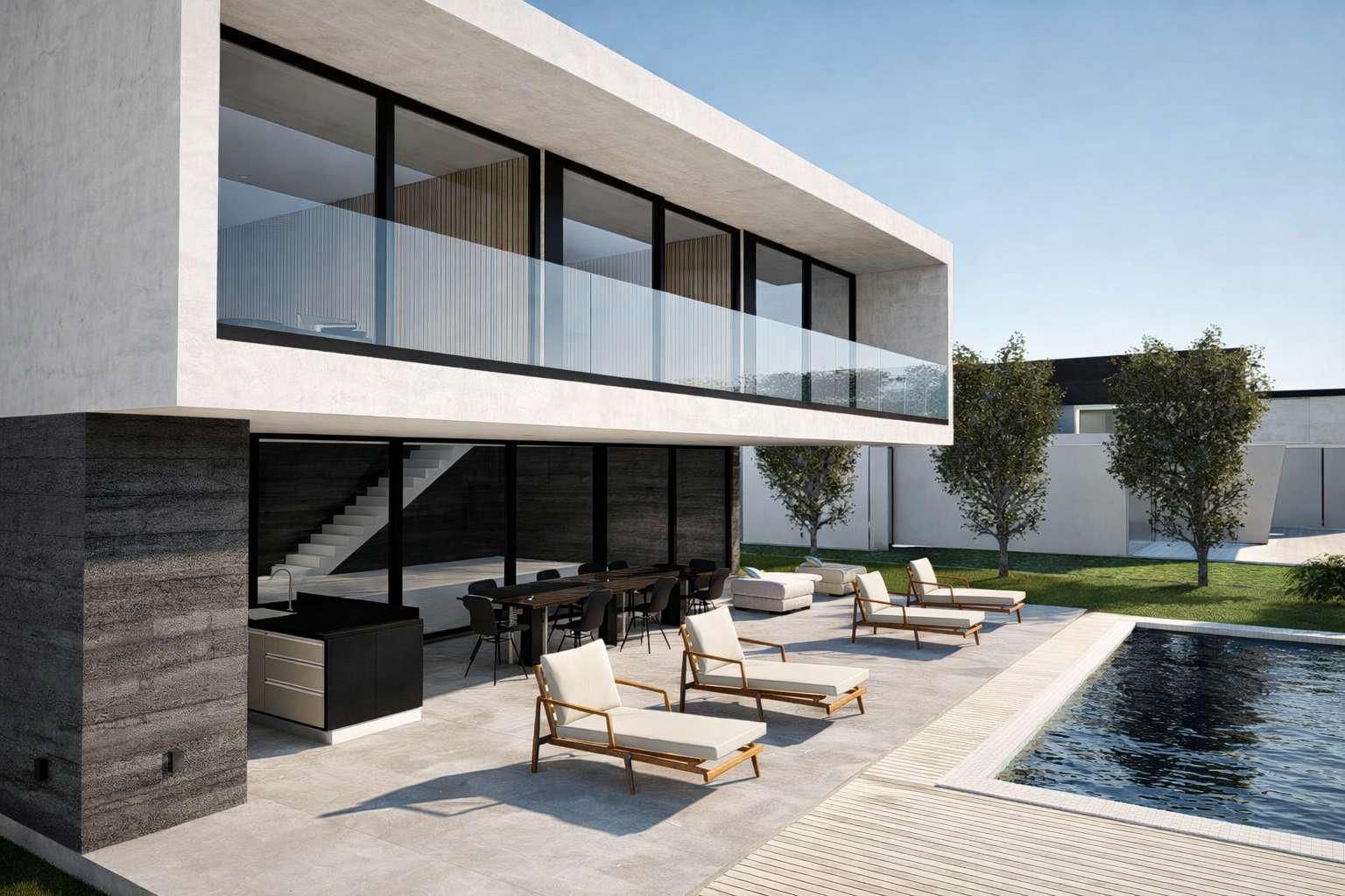 Moderna casa de dos plantas con balcón, patio, zona de comedor al aire libre y piscina para disfrutar en un día soleado.