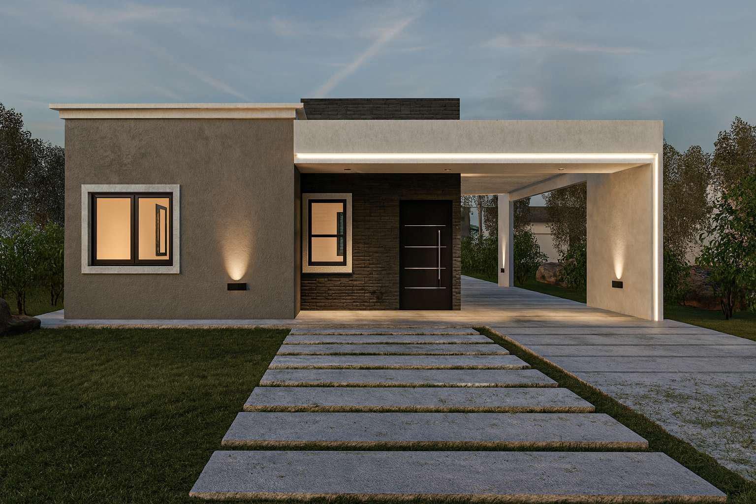 Una casa moderna de una sola planta con exterior de estuco beige, entrada de piedra oscura y cochera cubierta al anochecer.