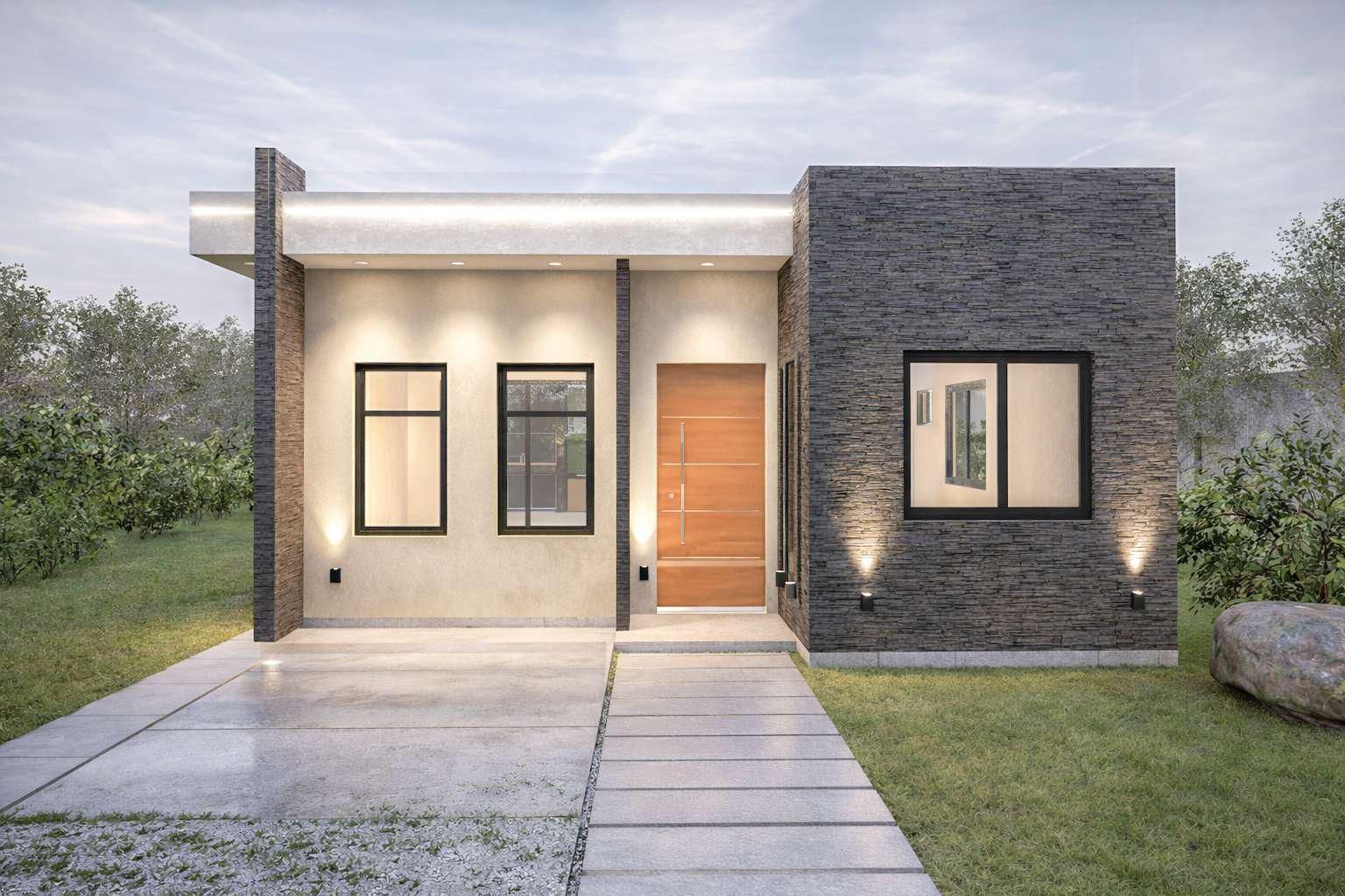 Una casa moderna de una sola planta con una pared de estuco beige, una puerta de madera