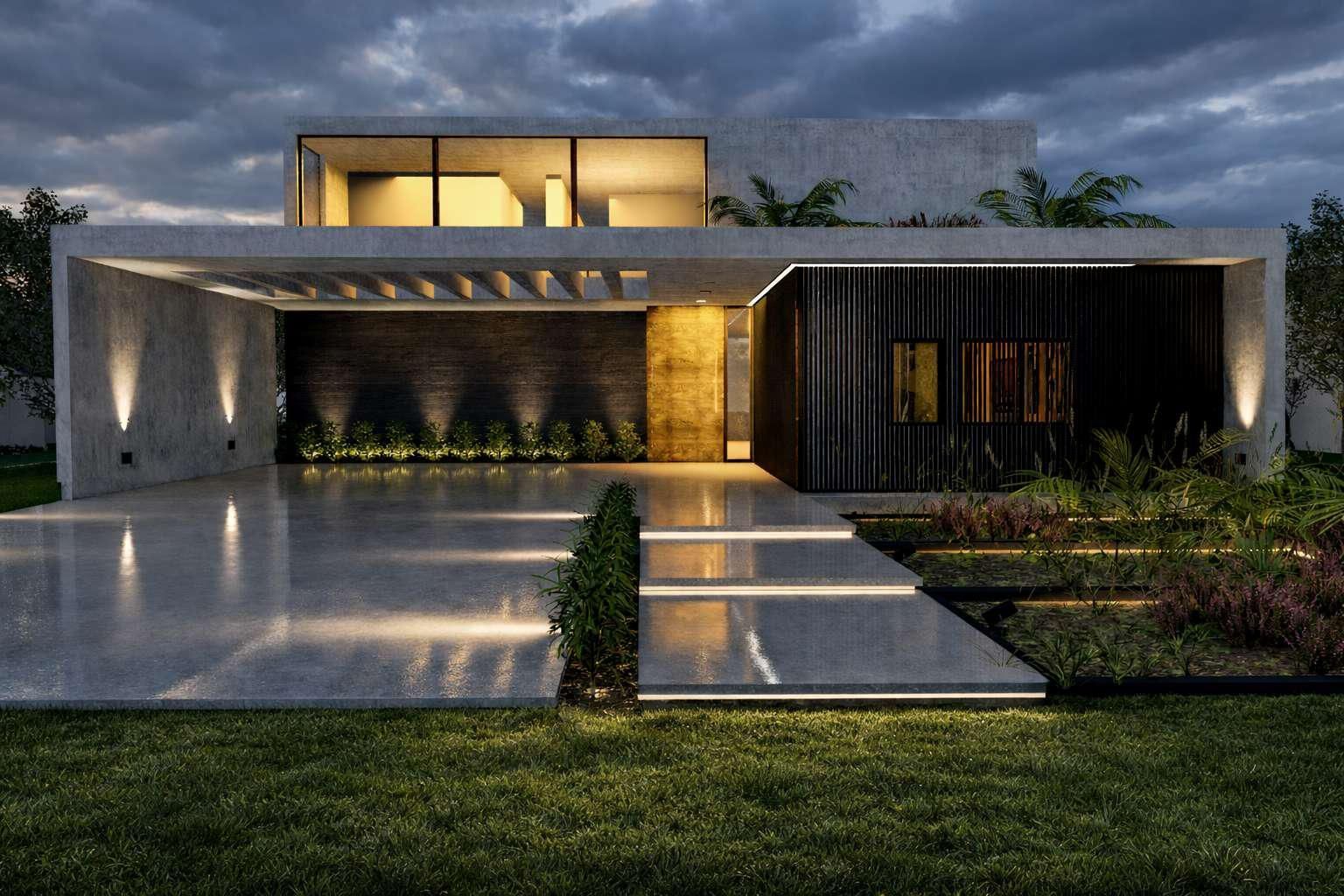 Casa moderna minimalista al anochecer, con iluminación interior cálida, texturas de piedra y pasillos iluminados.