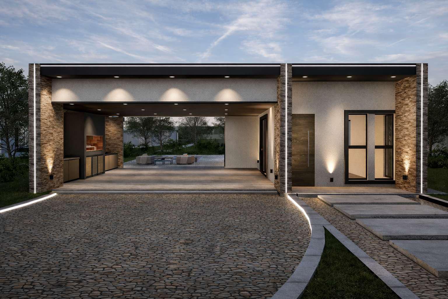 Fachada de una casa moderna de una sola planta al anochecer, con garaje, entrada y jardines iluminados 