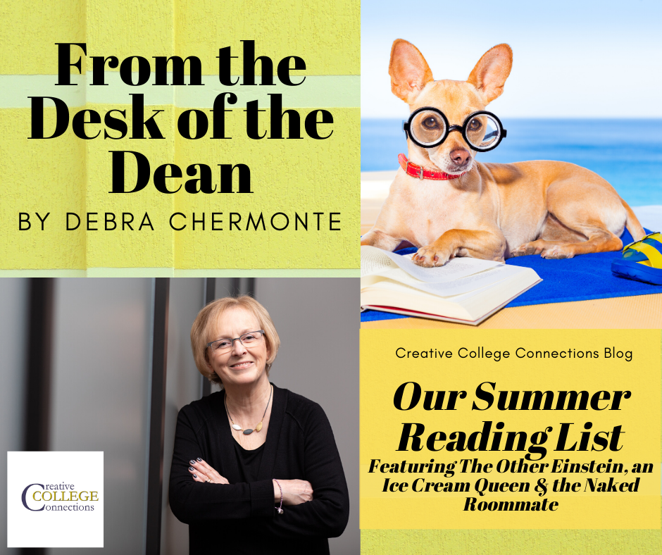 Blog header with Debra and pic of dog with glasses reading on beach
