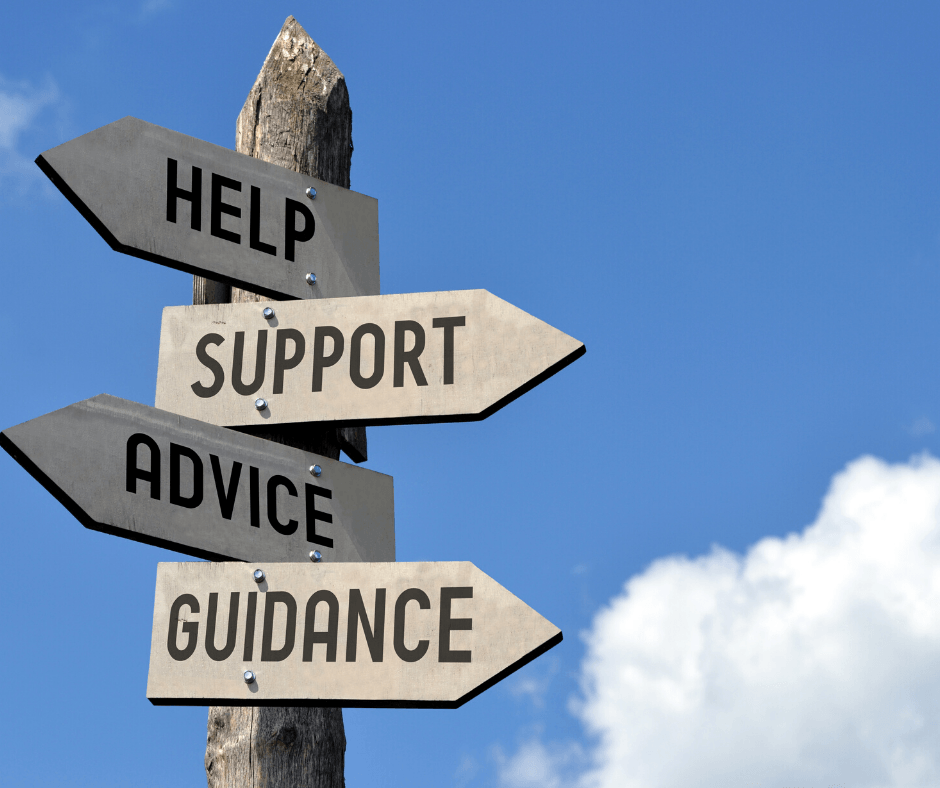 sign post with arrows pointing in different directions with the words Help, Support, Advice, Guidance on them against a blue sky