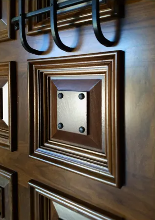 Detail view of Walnut round top exterior front door factory finished