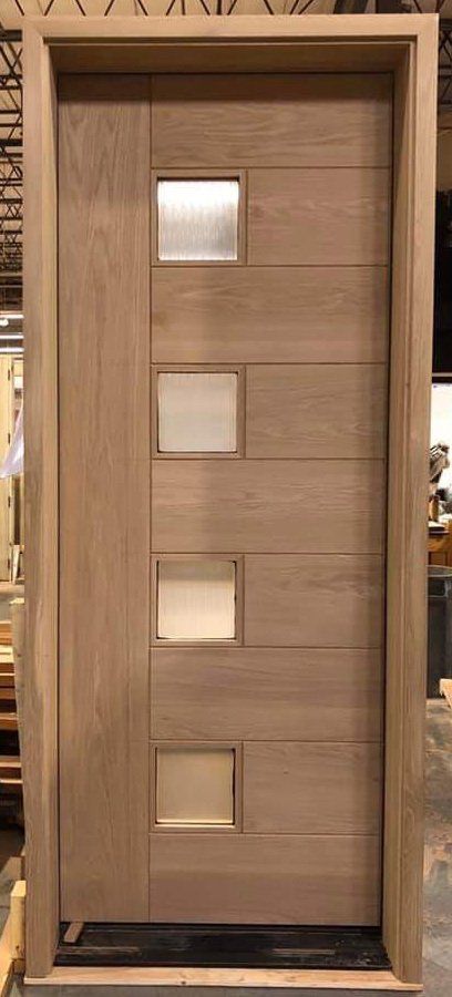 Flat sawn white oak modern front door with 4 square reeded glass windows