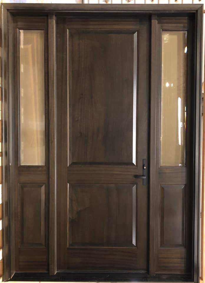 Sapele Solid Mahogany front entry door and sidelites with dark chocolate factory finish and clear beveled glass