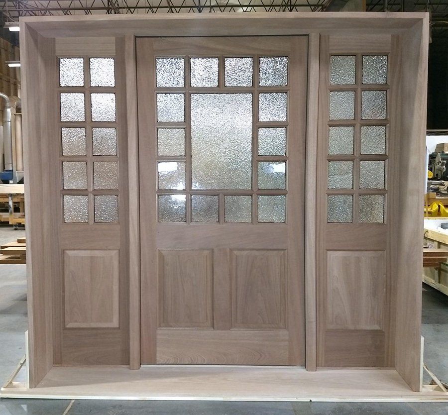 Mahogany entry unit with Hammered glass, 13-1/2” jambs and oak sill