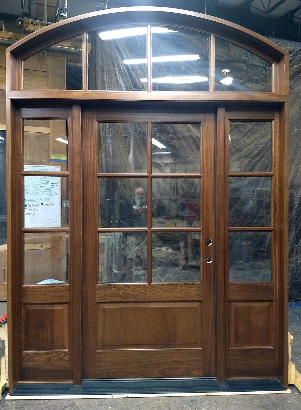 6 lite mahogany door with sidelites and matching arched transom window