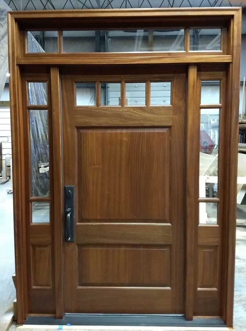 Mahogany wood door with side windows and transom