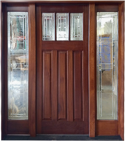 A large wooden door with stained glass windows
