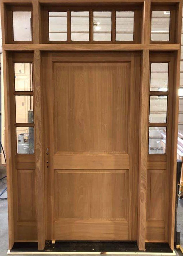 Solid Mahogany 2 Panel Door with 3 lite sidelites and 6 lite transom