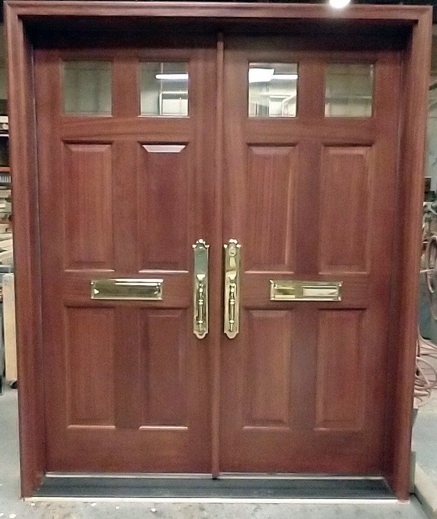 Solid mahogany wooden double door with brass hardware