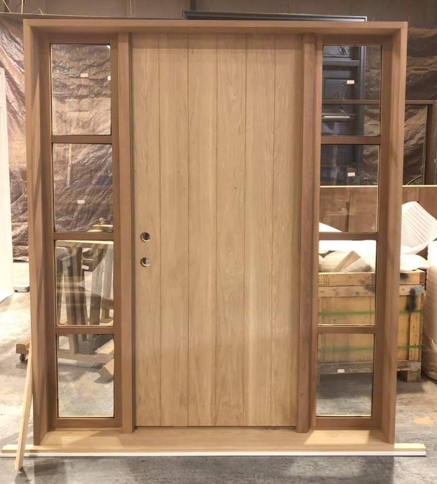Solid white oak door with 5 lite sidelites