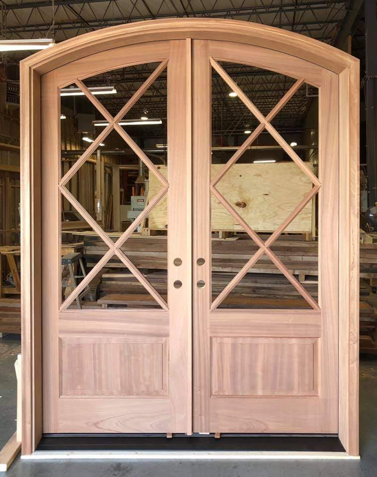 Arched Mahogany door French door unit with diamond pattern TDL upper panel