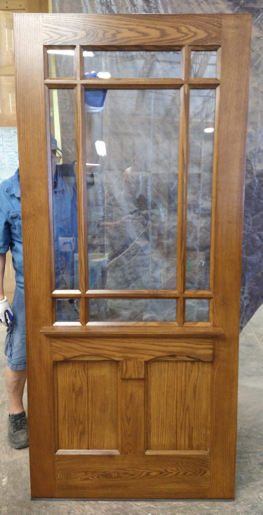 Red Oak entry door with slender sidelights