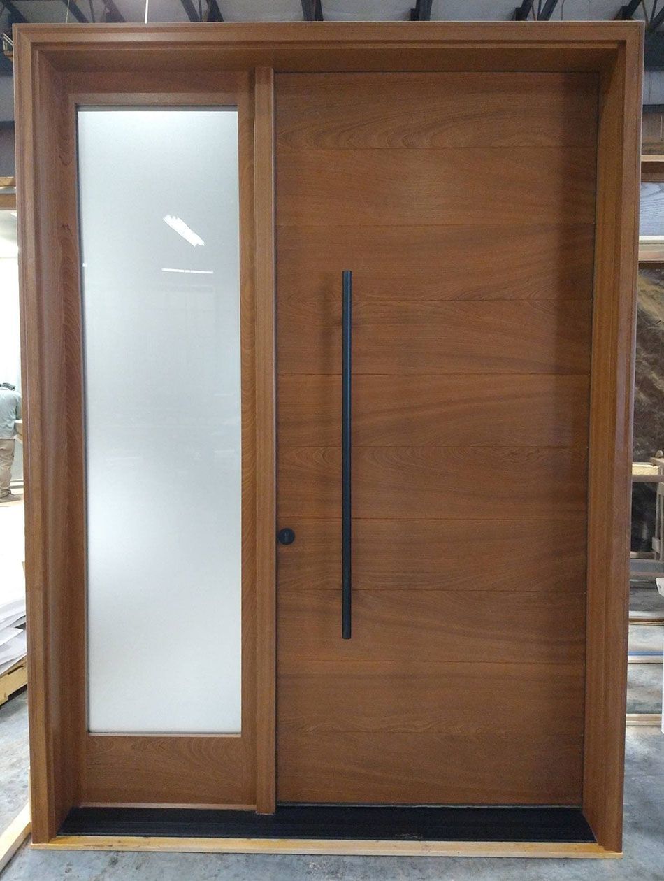 Chean #27929 Mahogany flush door – acid etch glass Finished in honey Contemporary lock system