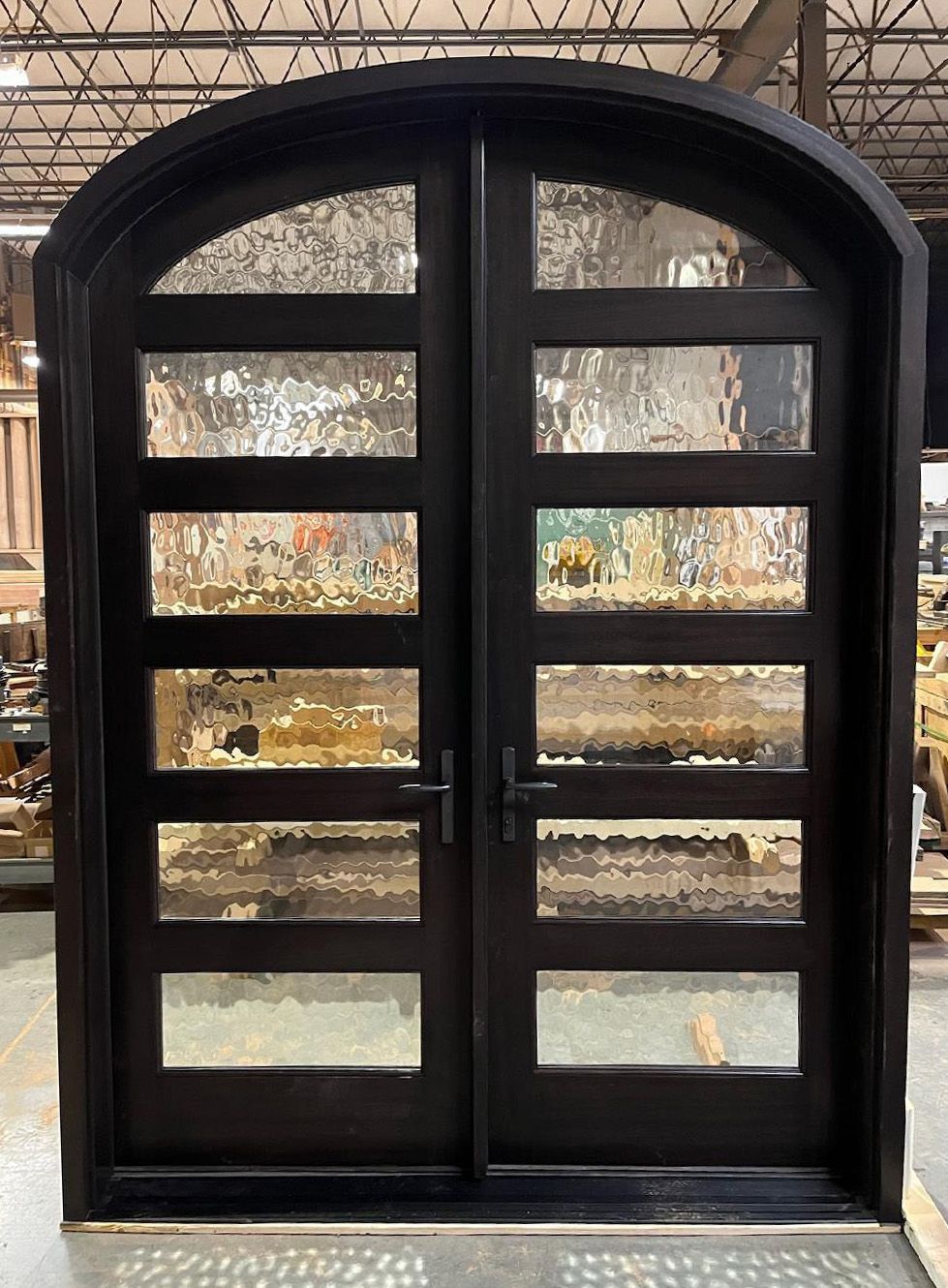 Mahogany double arched door – Flemish glass  Finished in chocolate