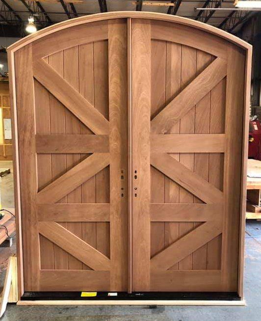 Eyebrow top double door unit made from solid mahogany door with cross buck - DP-50 rated