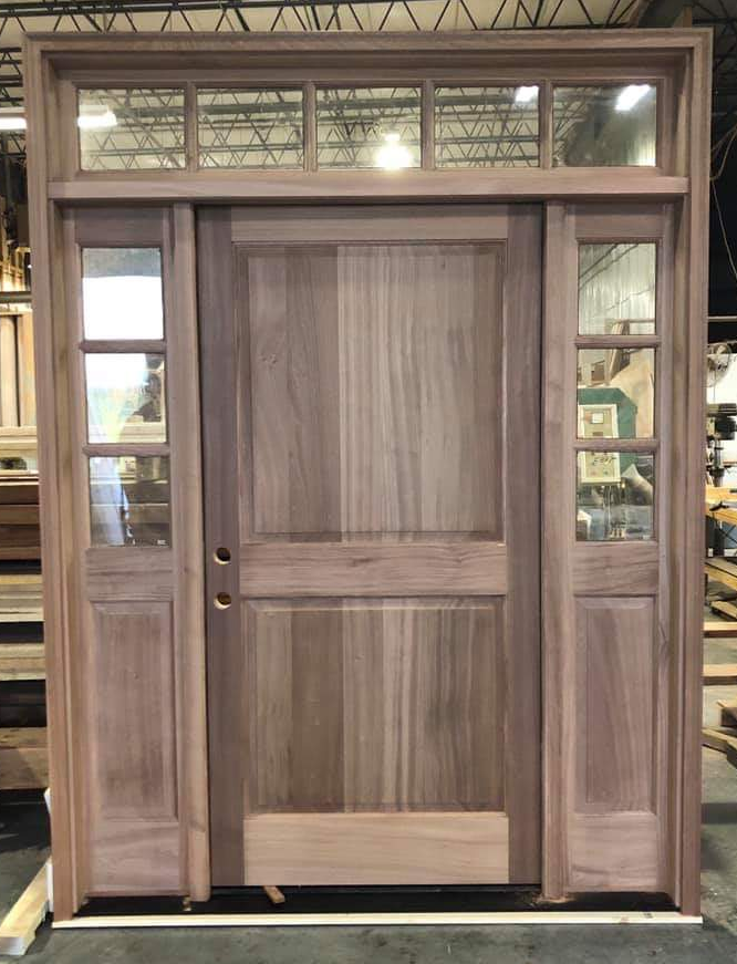 Solid Mahogany 2 panel door with sidelites and transom window