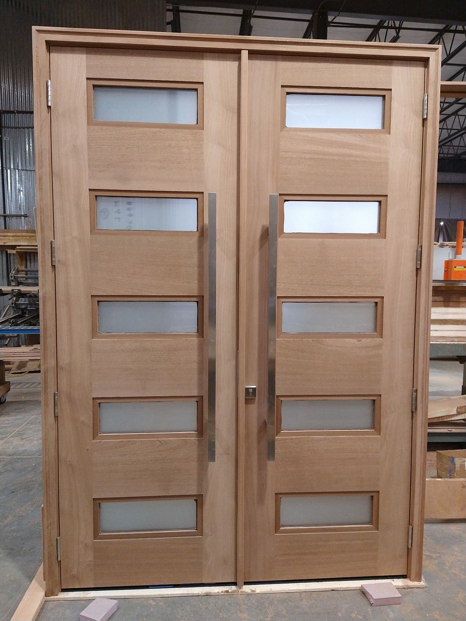 Modern Mahogany double door with acid etch glass Contemporary multi-point lock system 48” modern pull handles