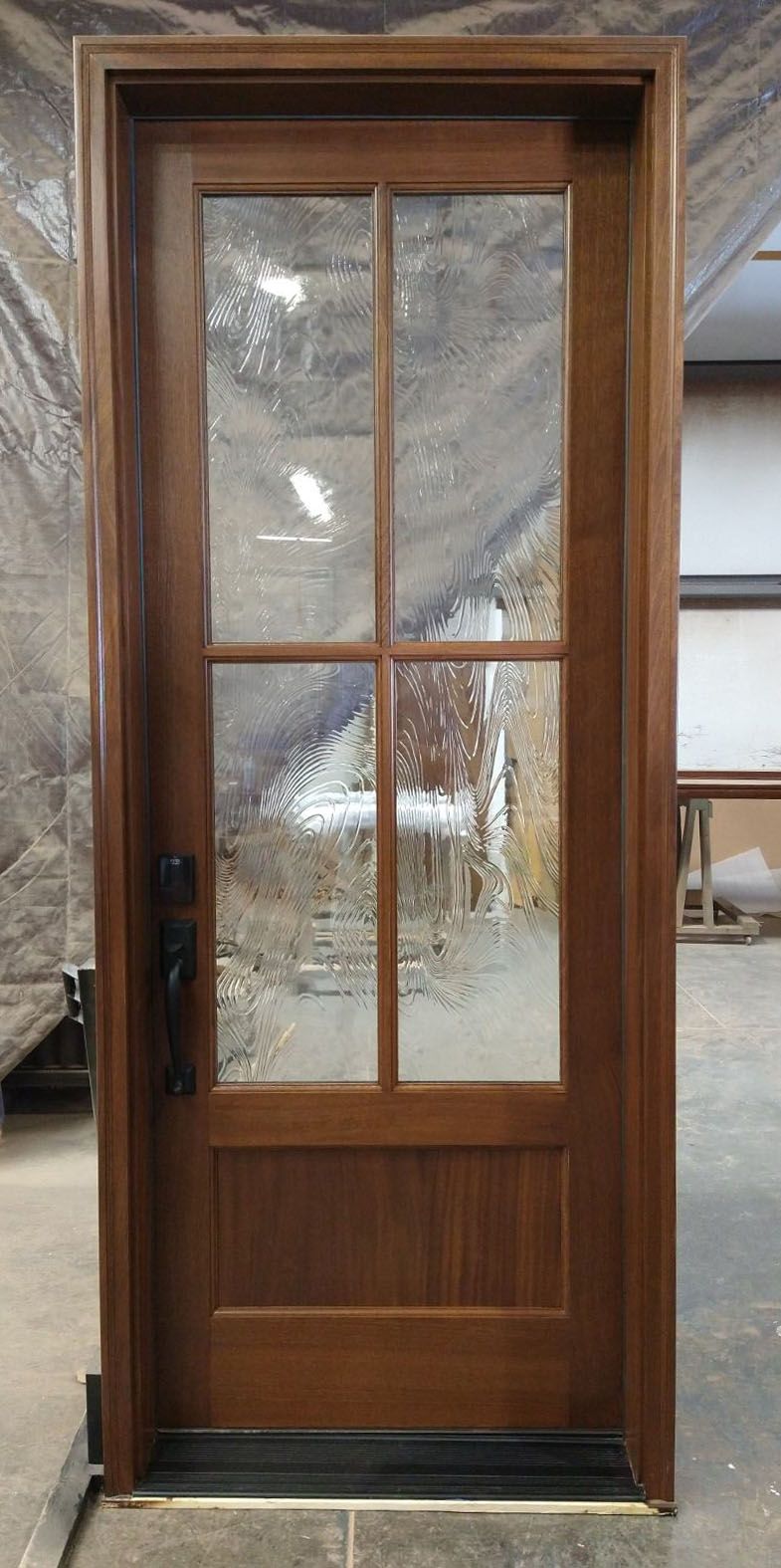Mahogany 4 lite door with Baroque glass
