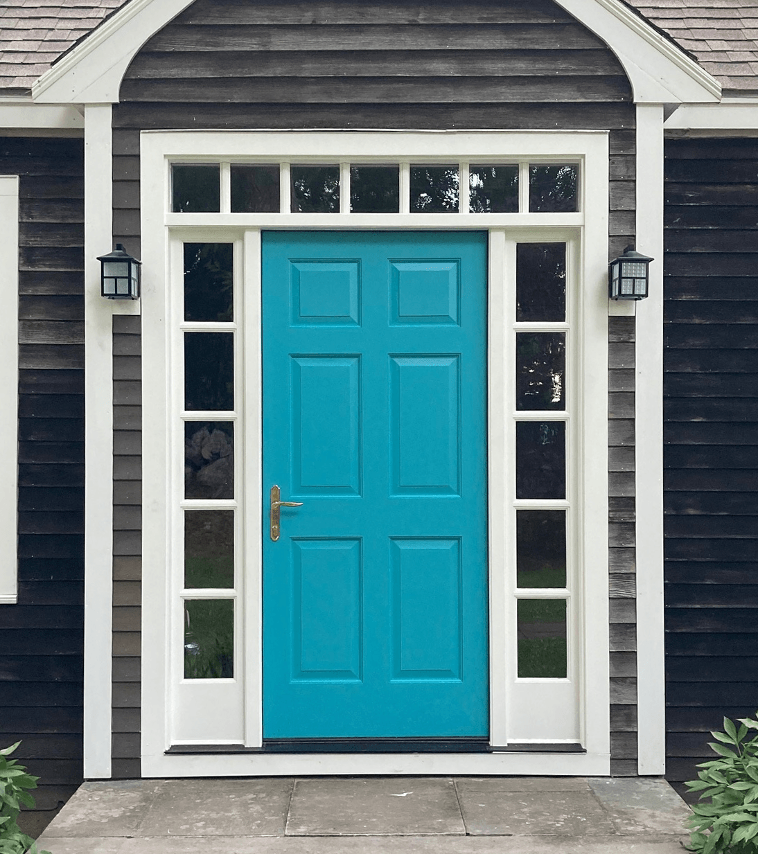 27667 mahogany 6 panel entry door with sidelights and transom painted turquois