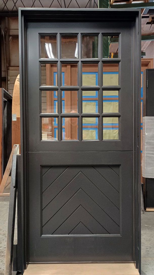 Pickwick #28153 Mahogany doors with clear ig Chevron flat panels White oak sills Painted SW Black Magic #6991 Regular door & dutch door