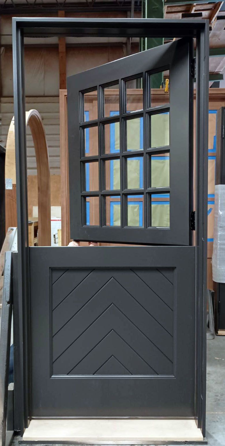 Pickwick #28153 Mahogany doors with clear ig Chevron flat panels White oak sills Painted SW Black Magic #6991 Regular door & dutch door