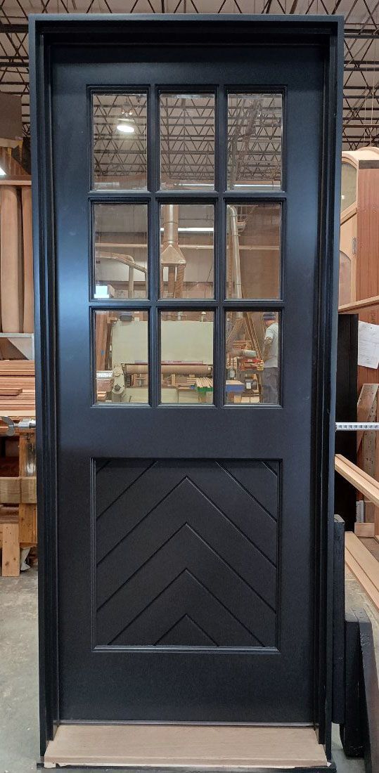 Pickwick #28153 Mahogany doors with clear ig Chevron flat panels White oak sills Painted SW Black Magic #6991 Regular door & dutch door