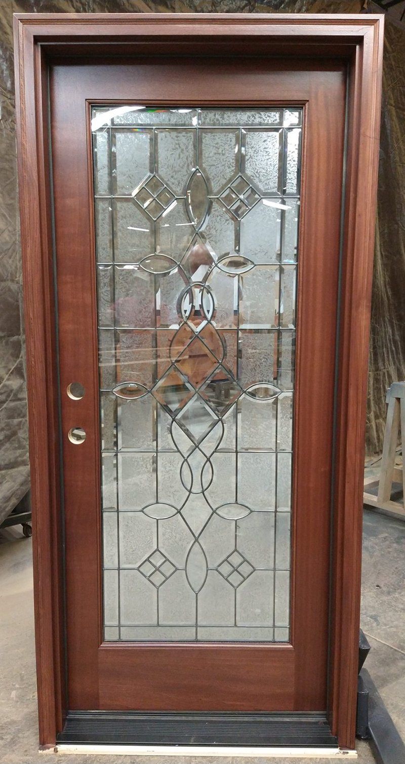 Mahogany exterior door with decorative glass full lite panel