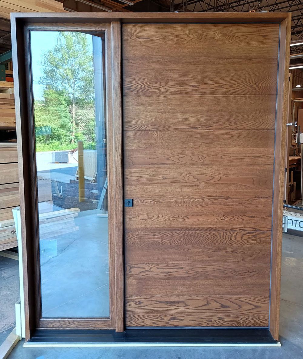 Ryan #28860
Flat Sawn White Oak flush door
Hoppe contemporary multi-point lock 
Finished in Chappo
Fair Haven, NJ