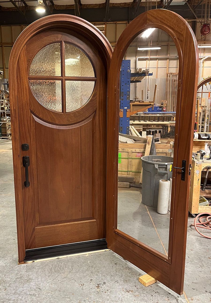 Shatz #28082 Mahogany door with water glass & screen door Finished in saddle & honey