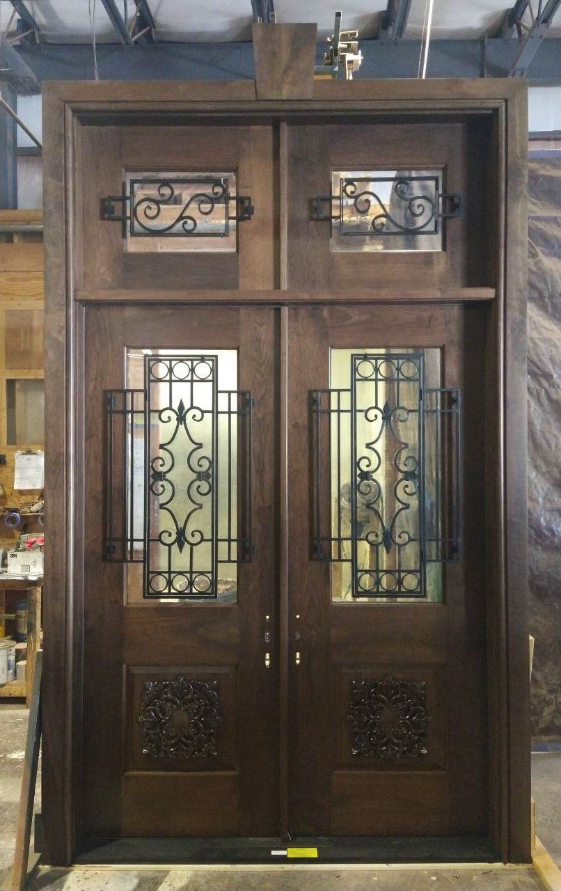 Walnut door – custom carving & metal work Antique glass Finished in Jacobean