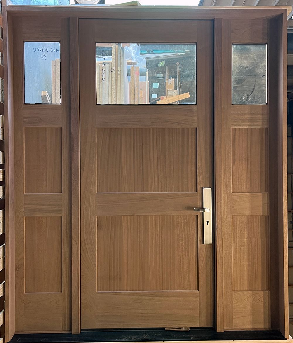 Unfinished Sapele Mahogany door, flat panels, clear glass