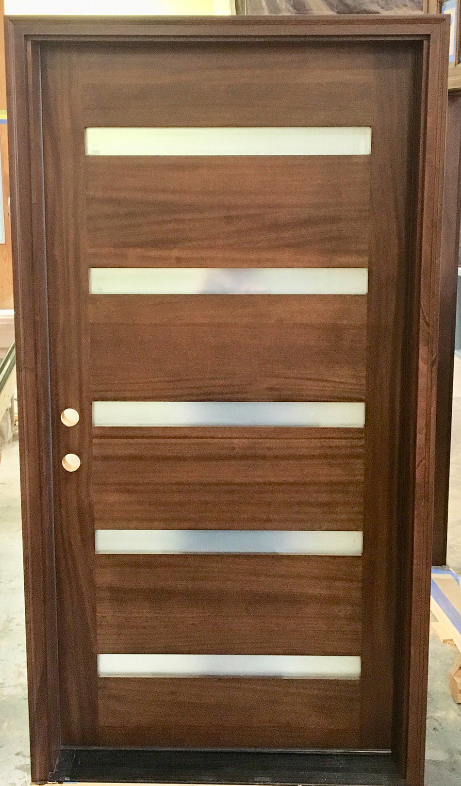 Modern Mahogany entry door with satin frosted glass