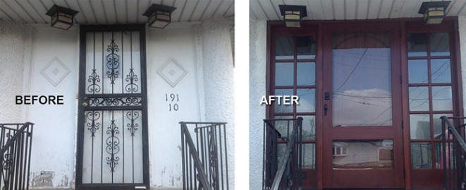 A before and after picture of a front door