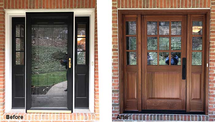 A before and after picture of a brick house with a wooden door.