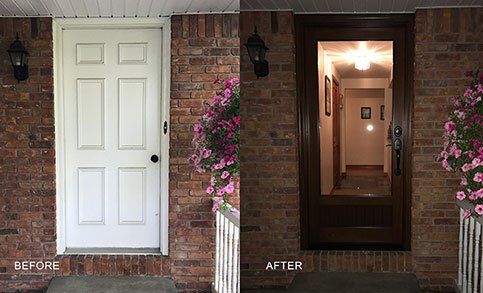 A before and after picture of a brick house with a white door and a brown door.
