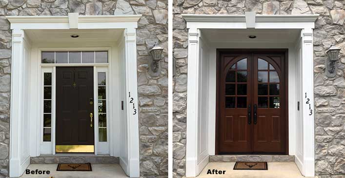 A before and after picture of a front door on a stone building.