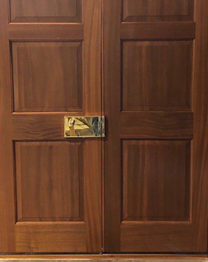A close up of a wooden door with a brass handle