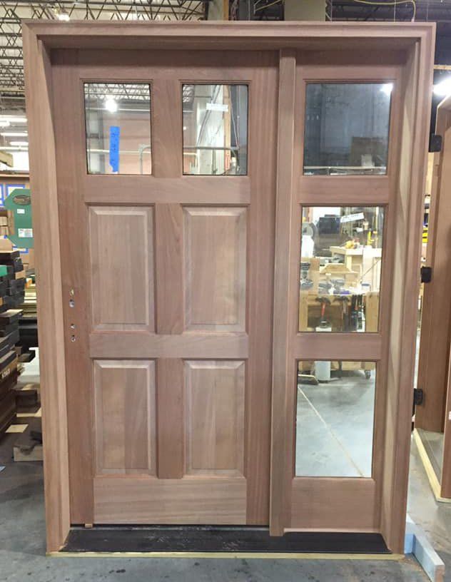 6 panel mahogany door with two glazed top panels and 3 lite side window