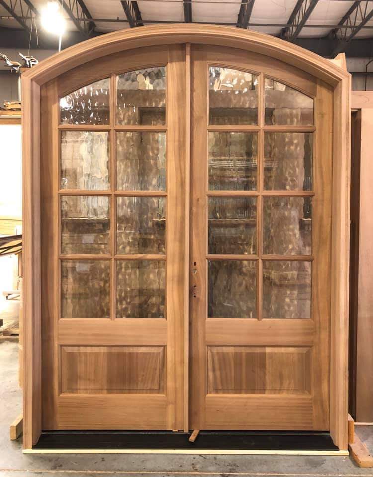 Mahogany French door unit with 6 lites in each door