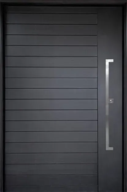 A black door with a stainless steel handle