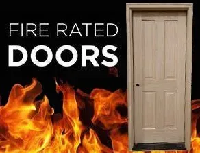 A fire rated door is surrounded by flames on a black background.