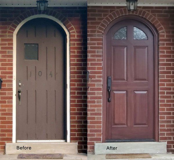 A before and after picture of a brown door on a brick wall